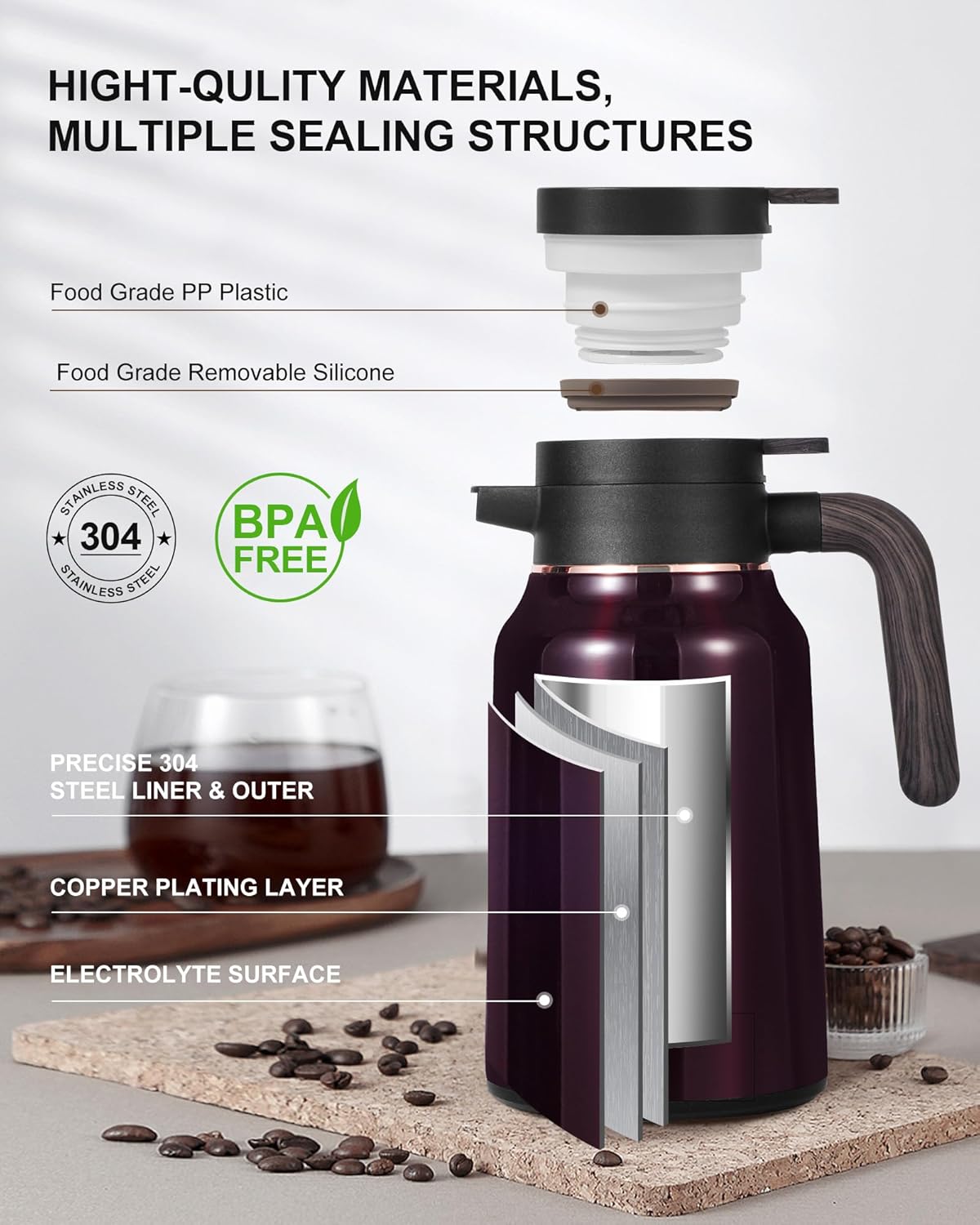 51 Oz Carafes for Hot Liquid, Stainless Steel Insulated Vacuum Thermal Coffee Carafes For Keeping Hot, 1.5 Liter Coffee Dispenser(Angola Red)