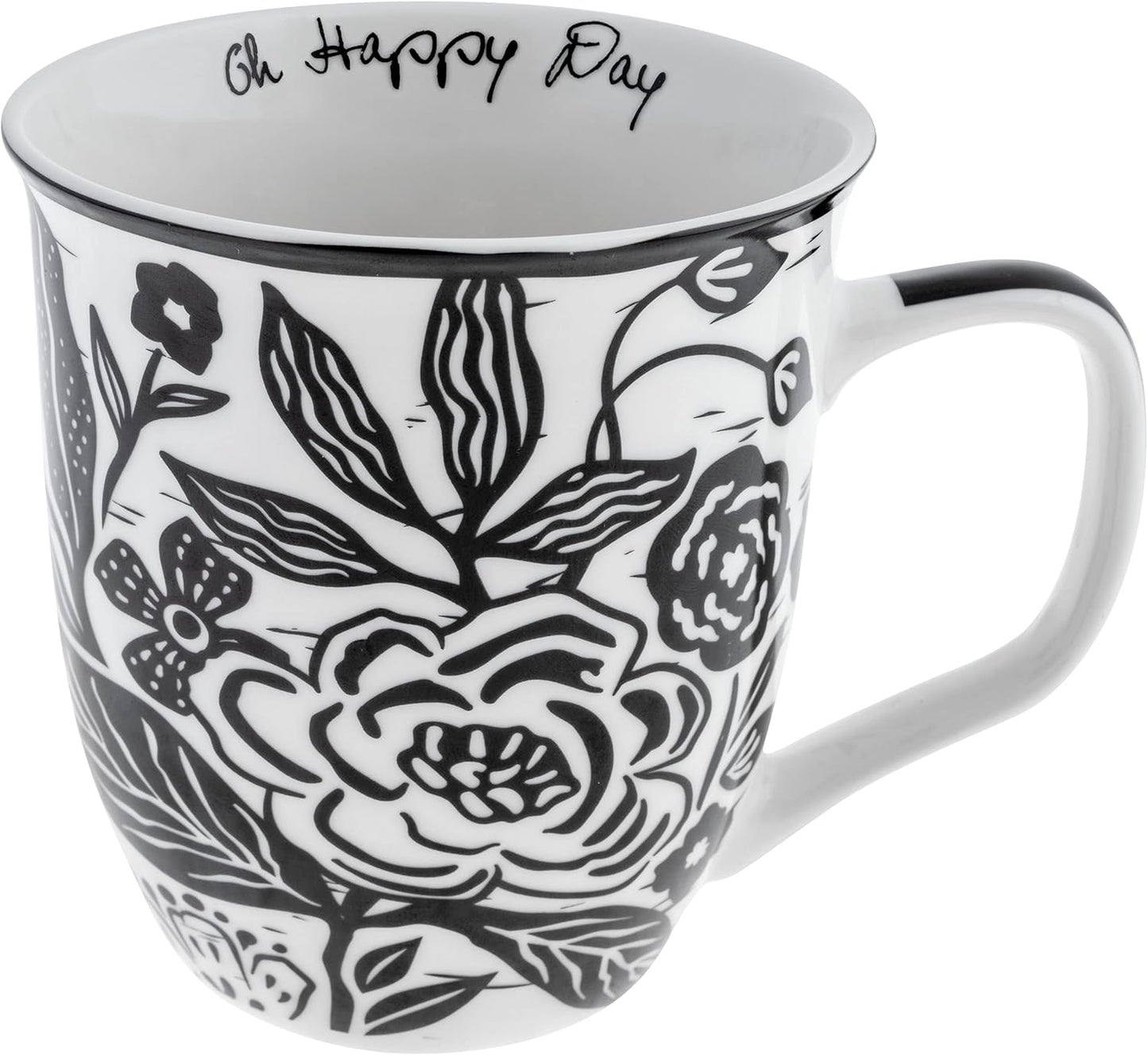 Karma Gifts 16 oz Black and White Boho Mug Floral - Cute Coffee and Tea Mug - Ceramic Coffee Mugs for Women and Men, 4.25" x 3.7"