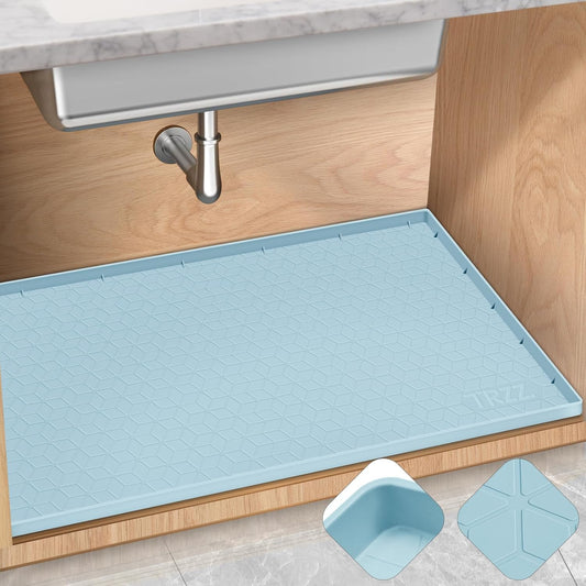 TRZZ Silicone Waterproof Under Sink Mat 31" x 22", Drip Tray and Cabinet Liner for Kitchen and Bathroom, Prevents Water Damage and Organizes Cabinets (Light Blue)