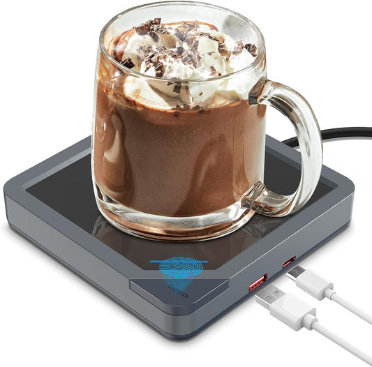 Coffee Mug Warmer with 2 USB Charging Ports: Auto Shut-Off Candle Wax Warmer - Heated Beverage Coffee Accessories for Home Office Desk - U1 Gray