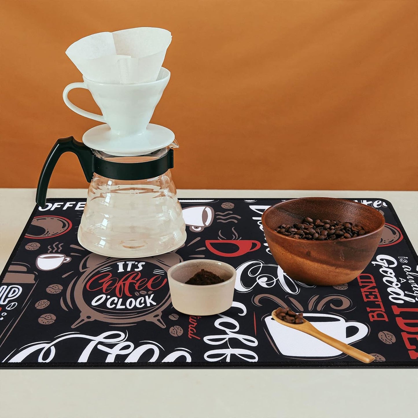 SHACOS Coffee Bar Mats 2-pack, 12x19 Inch Absorbent Non-Slip Rubber, Waterproof & Heat Resistant, Black