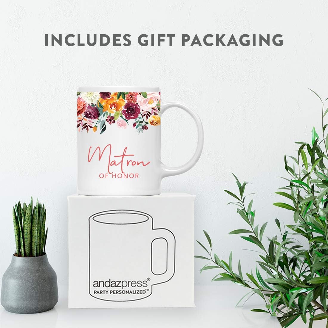 Andaz Press 11oz. Wedding Ceramic Coffee Tea Mug Gift, Fall Autumn Burgundy Orange Peach Flowers Roses Florals, Matron of Honor, 1-Pack, Includes Gift Box