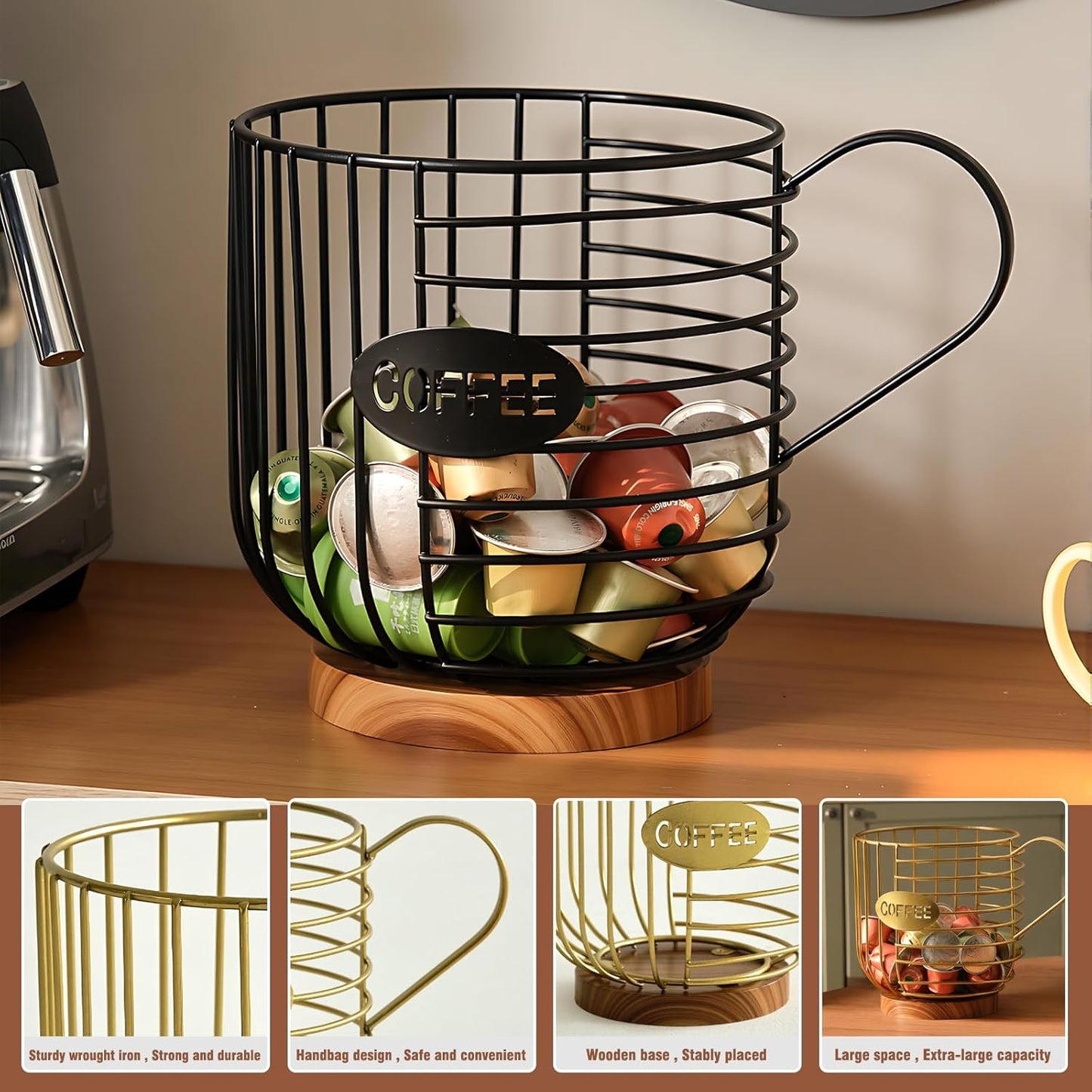 Coffee Pod Holder,Bar Accessories - Espresso Pod Holder - Large Capacity Black Wire Coffee Basket With Wooden Base