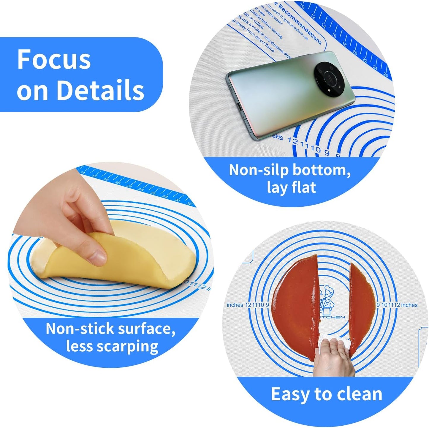 Silicone Pastry Mat for Dough Rolling,Silicone Baking Mat with Measurement for Baking Pie Crust, Pizza & Cookies, Non stick & Non Slip Silicone Mat
