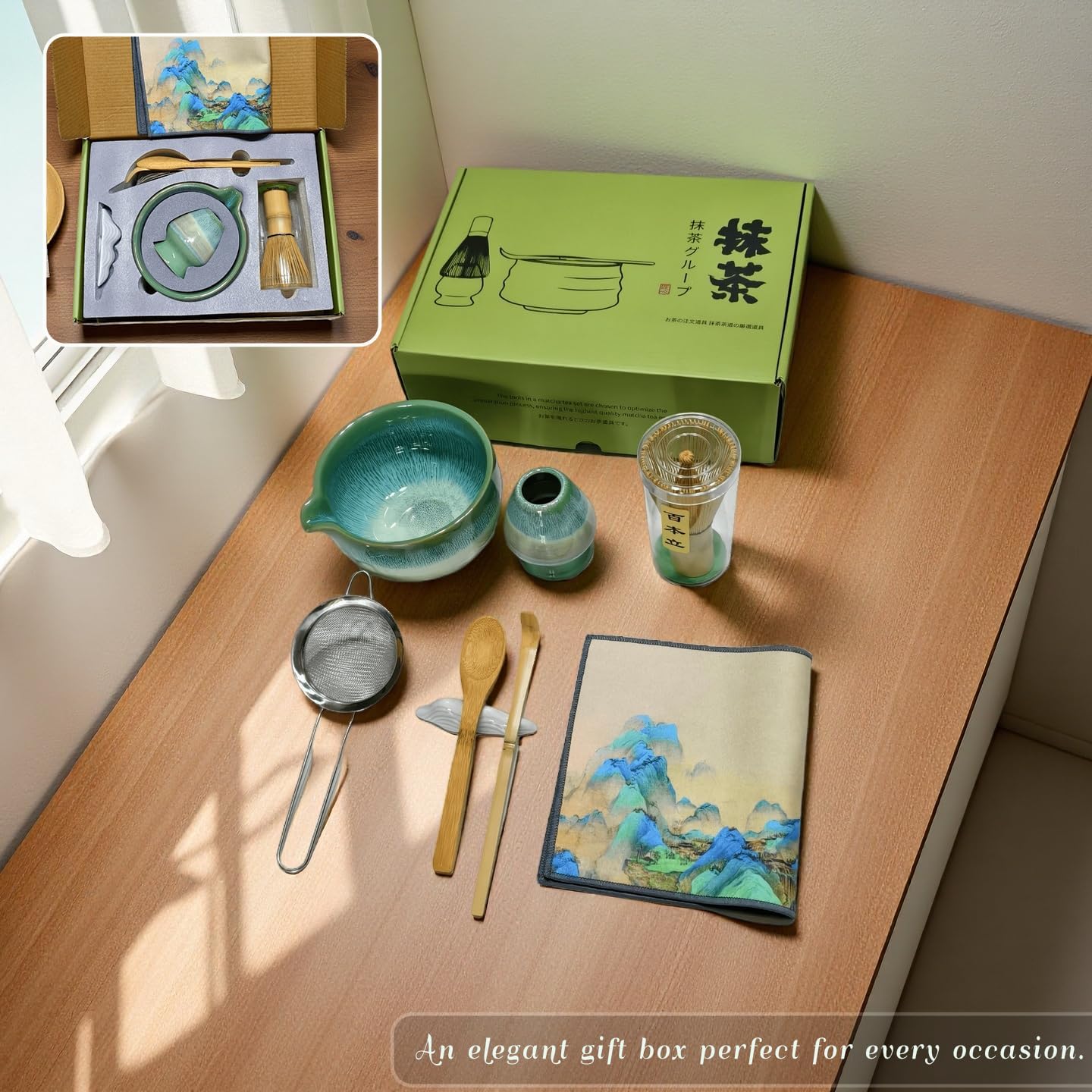 Matcha Whisk Set with Ceramic Bowl - Bamboo Whisk (Chasen), Scoop, Sifter & Holder - Complete Kit for Traditional Matcha Tea - Unique Gifts for Women, Men, Tea Lovers (Green)