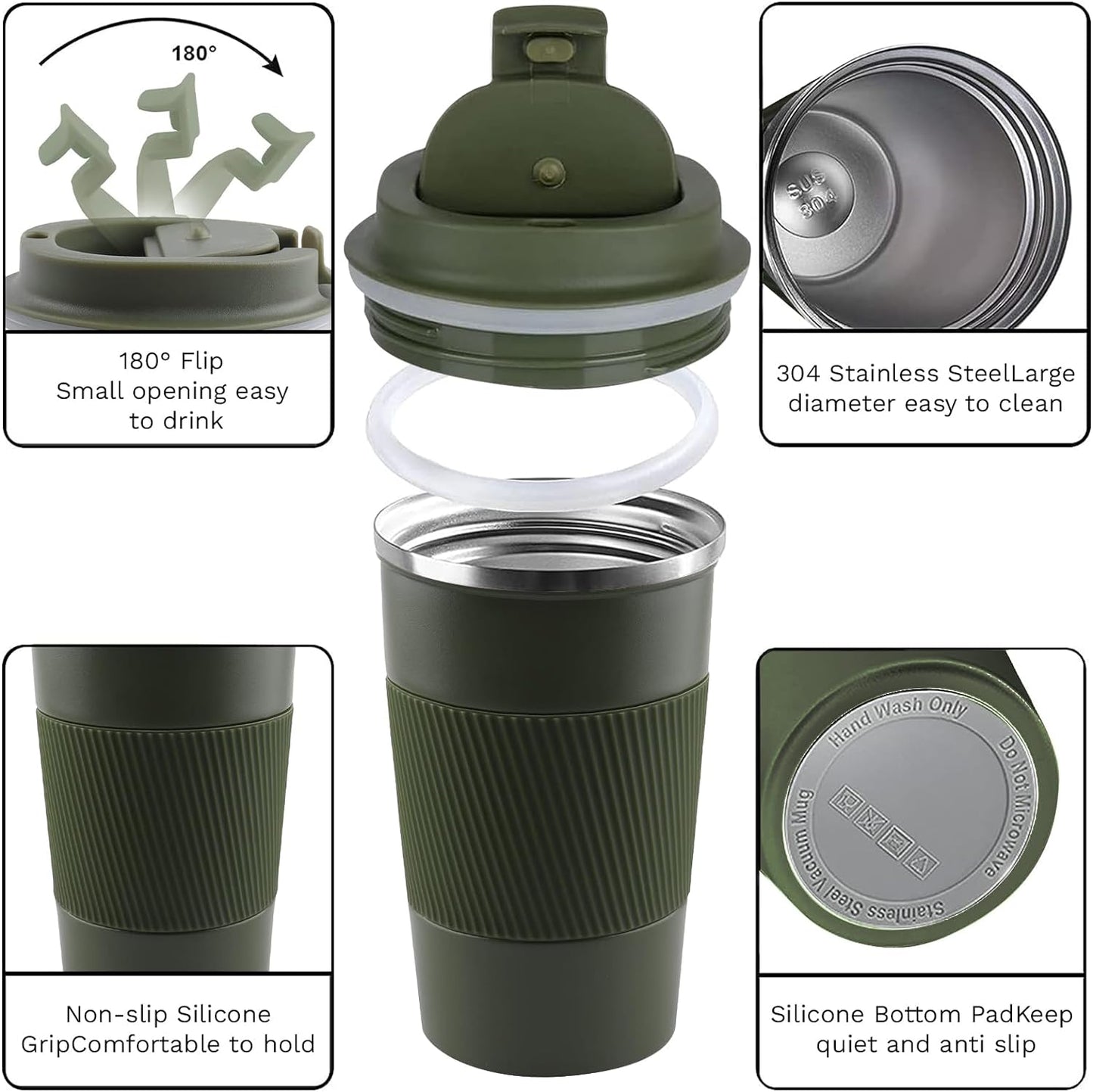 YINBAOGE Insulated Travel Coffee Mug Spill Proof Leak Proof Pobtable To Go Camping Stainless Steel Coffee Tumbler Reusable Coffee Cups with Lids Thermos for Hot and Cold Drink (Green, 17 OZ)