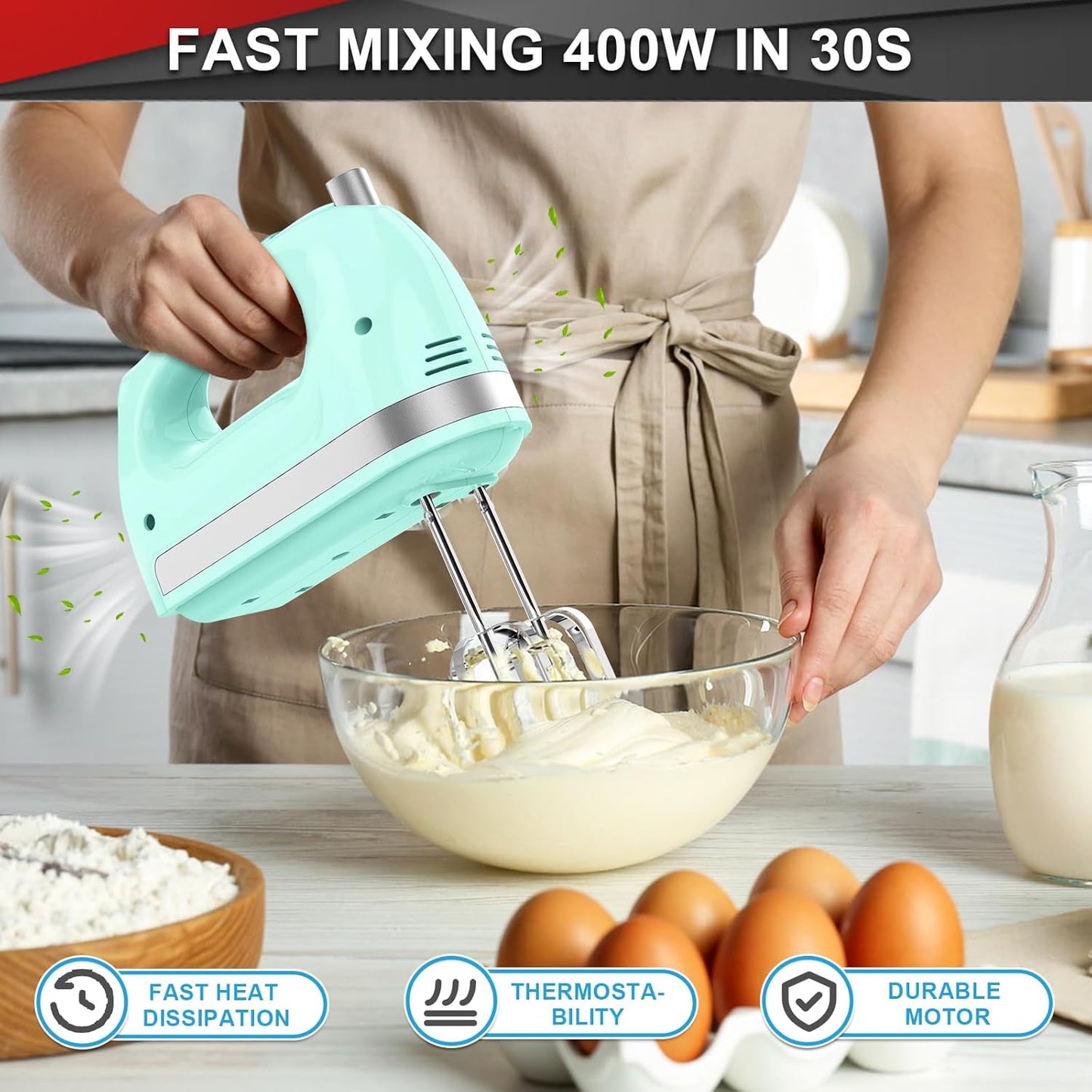 Lord Eagle Hand Mixer Electric 400W, 5 Speed handheld Mixer, 5 Stainless Steel Accessories for Baking Cake Egg Cream Food Beater, Turbo Boost/Self-Control Speed + Eject Button