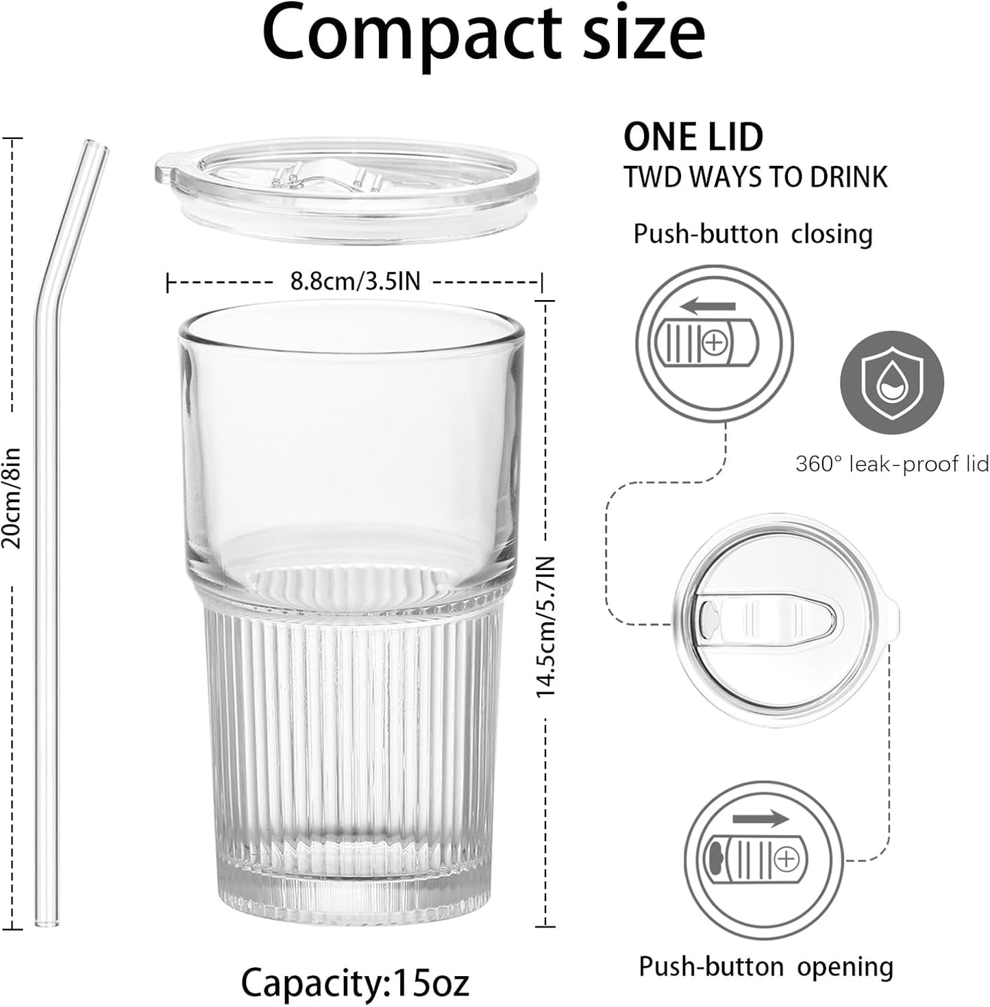18.5oz Glass Cups with Lids and Straws - Set of 4 Reusable Tumblers, Thickened Shatter-Resistant Glass, Ideal for Iced Coffee, Smoothies, Cocktails, Juices - Elegant & Durable Drinkware