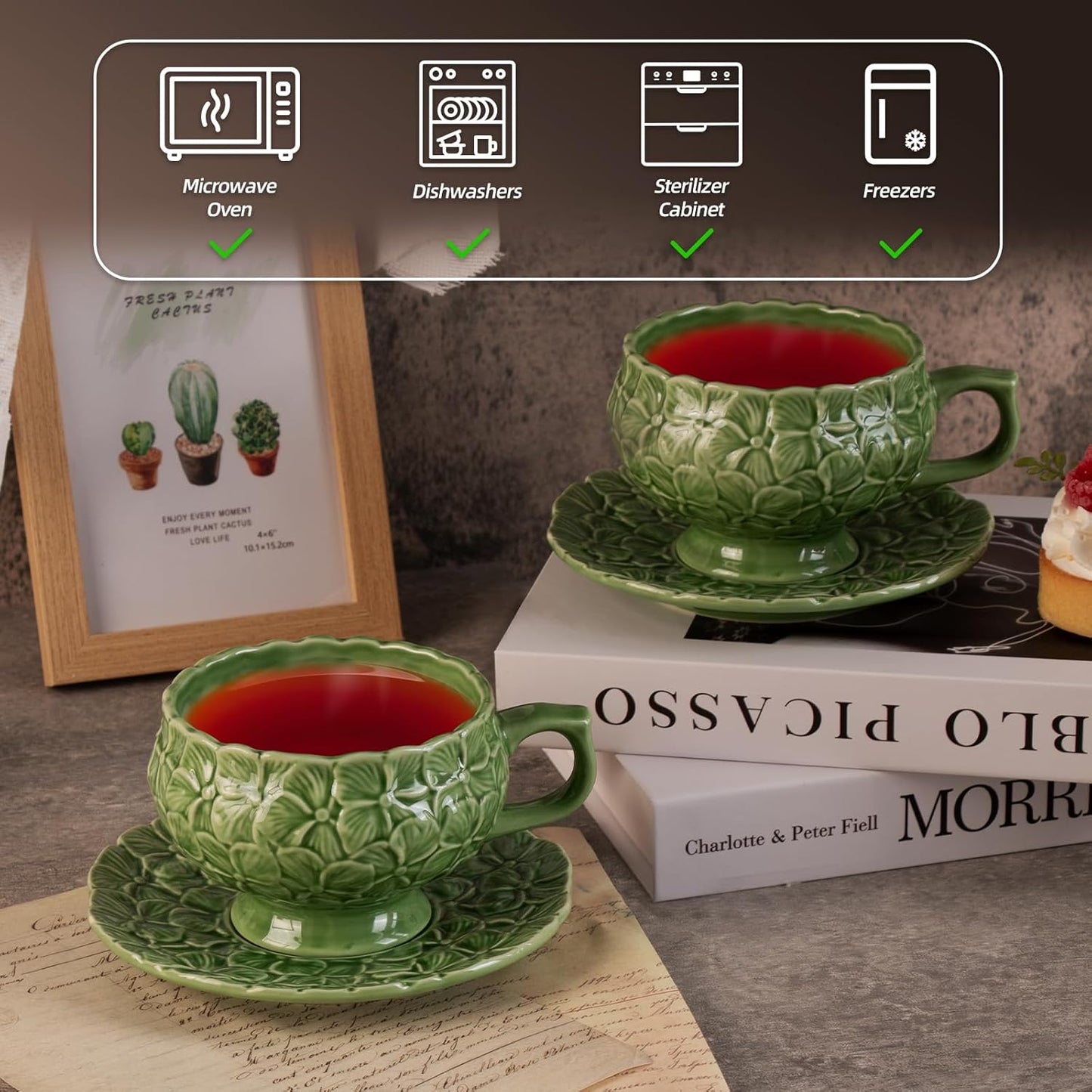 KAMMAK Tea Cups and Saucers Set of 2, Porcelain Coffee Cups, 8.5-Ounce Stackable Espresso Mugs, Ceramic Demitasse for Coffee, Latte, Americano, Tea, Green Flower