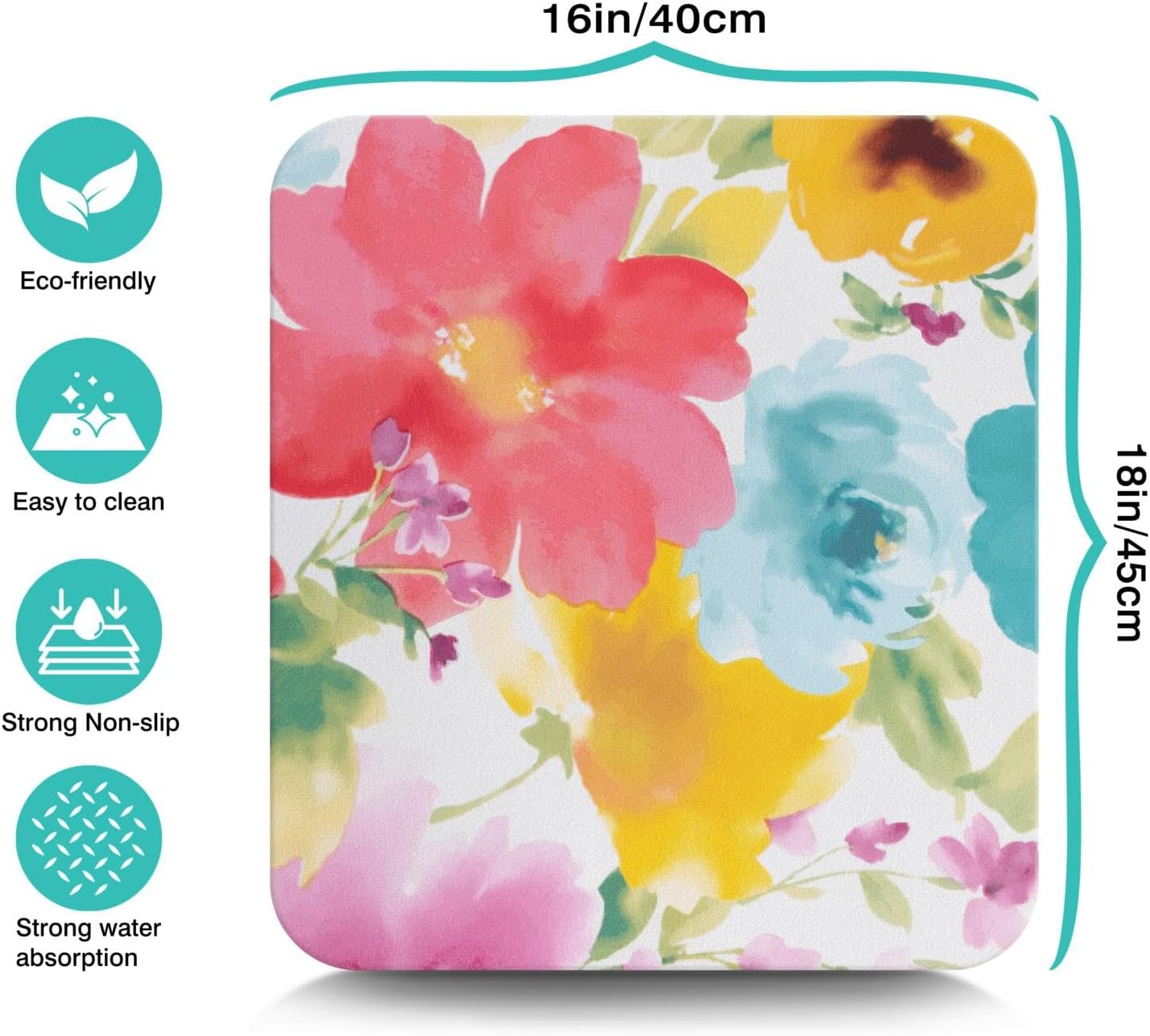 Dish Drying Mat, 16x18in, Watercolor Flower, Rubber Backed, Absorbent, Quick Dry, Fit Kitchen Counter, Bar, Under Sink, Dishes, Utensils, Dish Rack