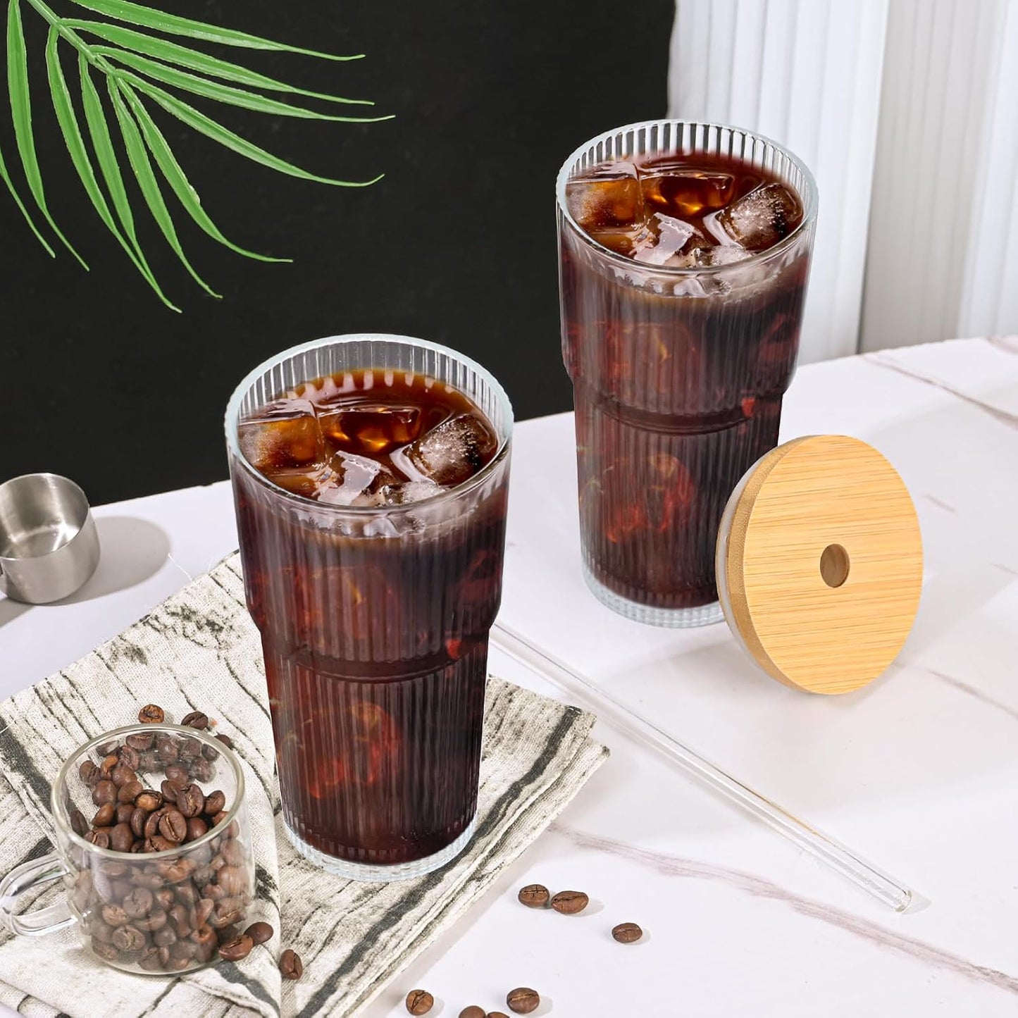 20oz Glass Cups with Lids and Straws,2PCS Ribbed Glass Coffee Cups,Iced Coffee Cups with Lid,Vintage Bamboo Tumbler for Juice,Smoothies