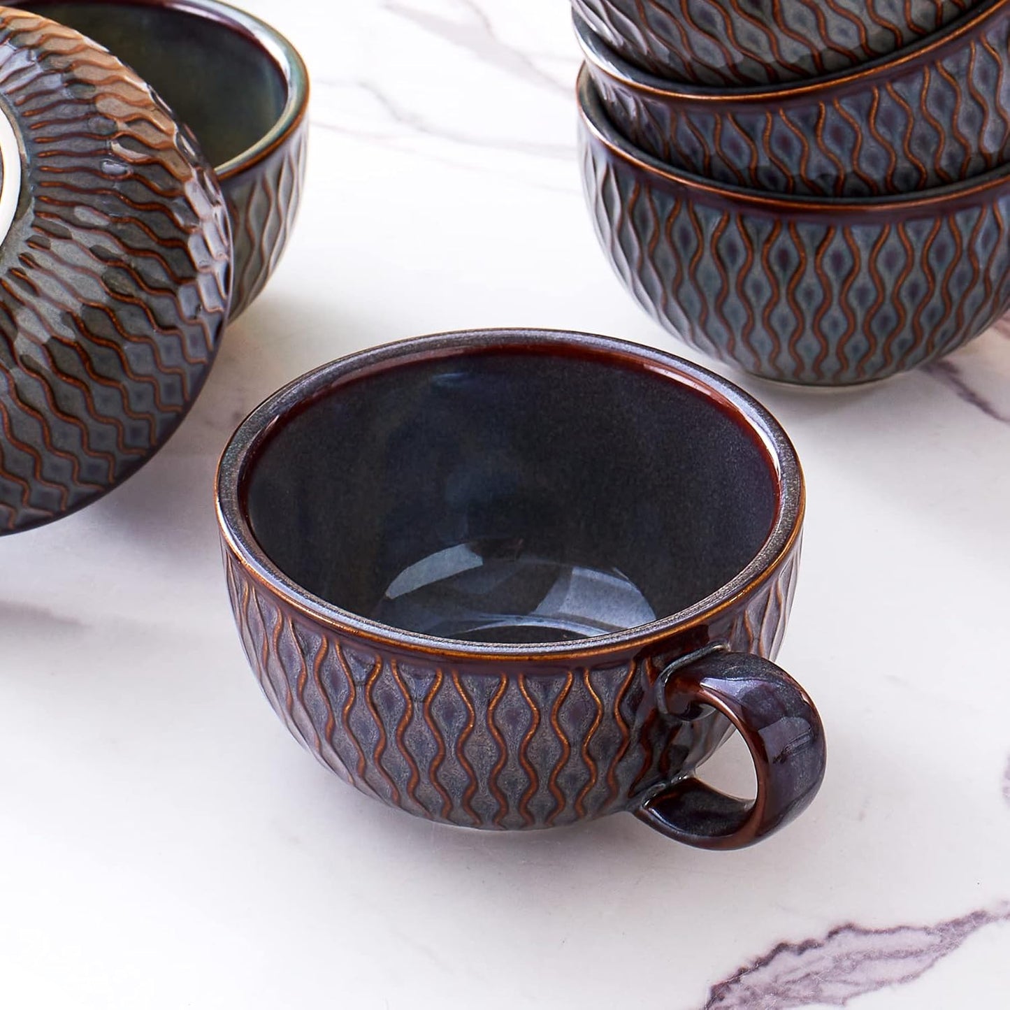 Set of 6 Cups Vintage Design 12 oz Professional Barista Ceramic Latte Art Cappuccino Cups Set (Embossed Grey * 6)