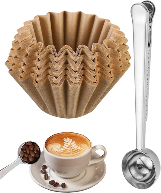 100 Pcs Unbleached Coffee Filters for 1-2 Cup Brewers, Small Disposable Paper Filters - 2-in-1 Stainless Steel Scoop & Clip, Compatible with Single Serve Pots & Travel Makers