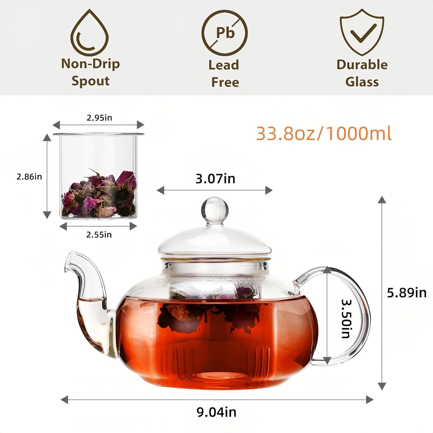 CnGlass 33.8oz Glass Teapot with Removable Infuser,Stovetop Safe Tea Kettle,Blooming & Loose Leaf Tea Pot