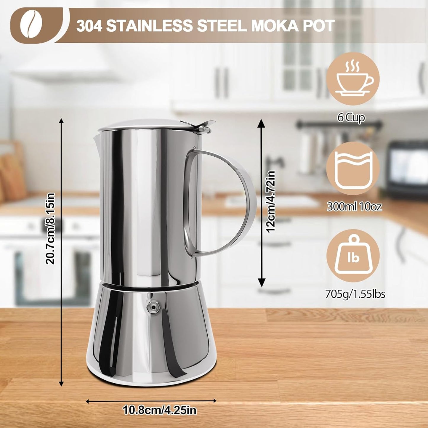 Uncoated 6 Cup Moka Pot 304 Thickened Stainless Steel Coffee Maker Stovetop Espresso Coffeemaker Italian Classic Style Brewing Greca Cafe Mocha Machine for Cafeteras Camping Travel Home 300ml 10oz