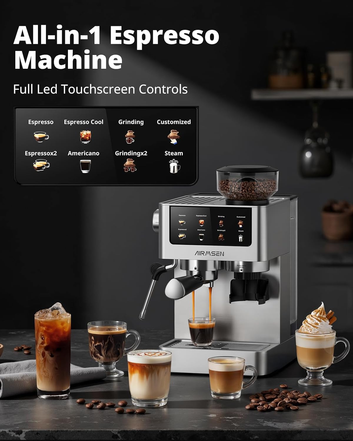 AIRMSEN Espresso Machines with Burr Grinder, 20 Bar, Milk Frother Steam Wand, Stainless Steel Coffee Maker for Home - Cappuccino Latte & Cold Brew Iced Coffee Maker & Americano
