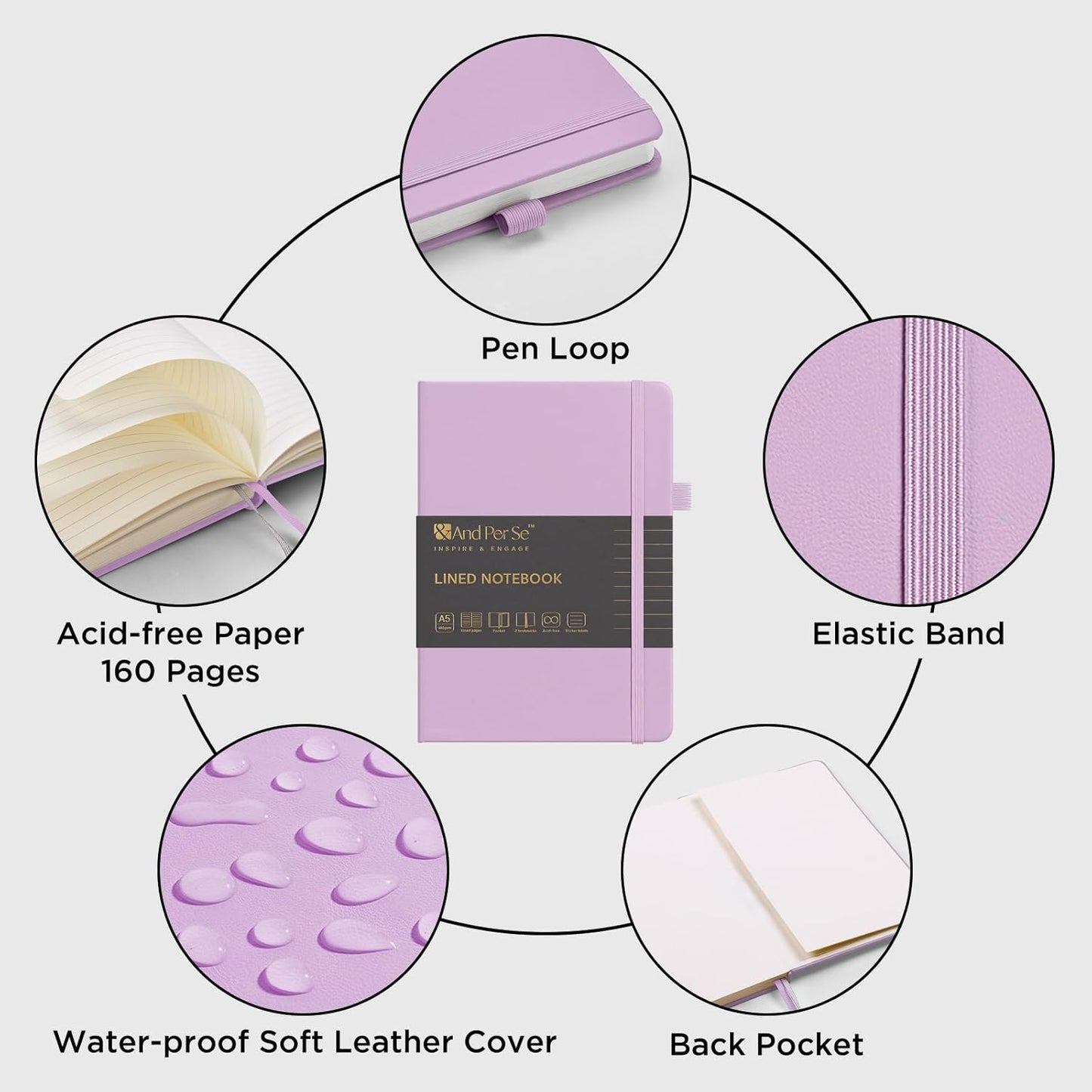 &And Per Se Lined Journal Notebook, 160 Pages, A5 5.7 x 8 inches College Ruled Thick Paper Notebook Journals for Writing, Hardcover Notebooks for Women Men Office School (1 Pack, Lavender)