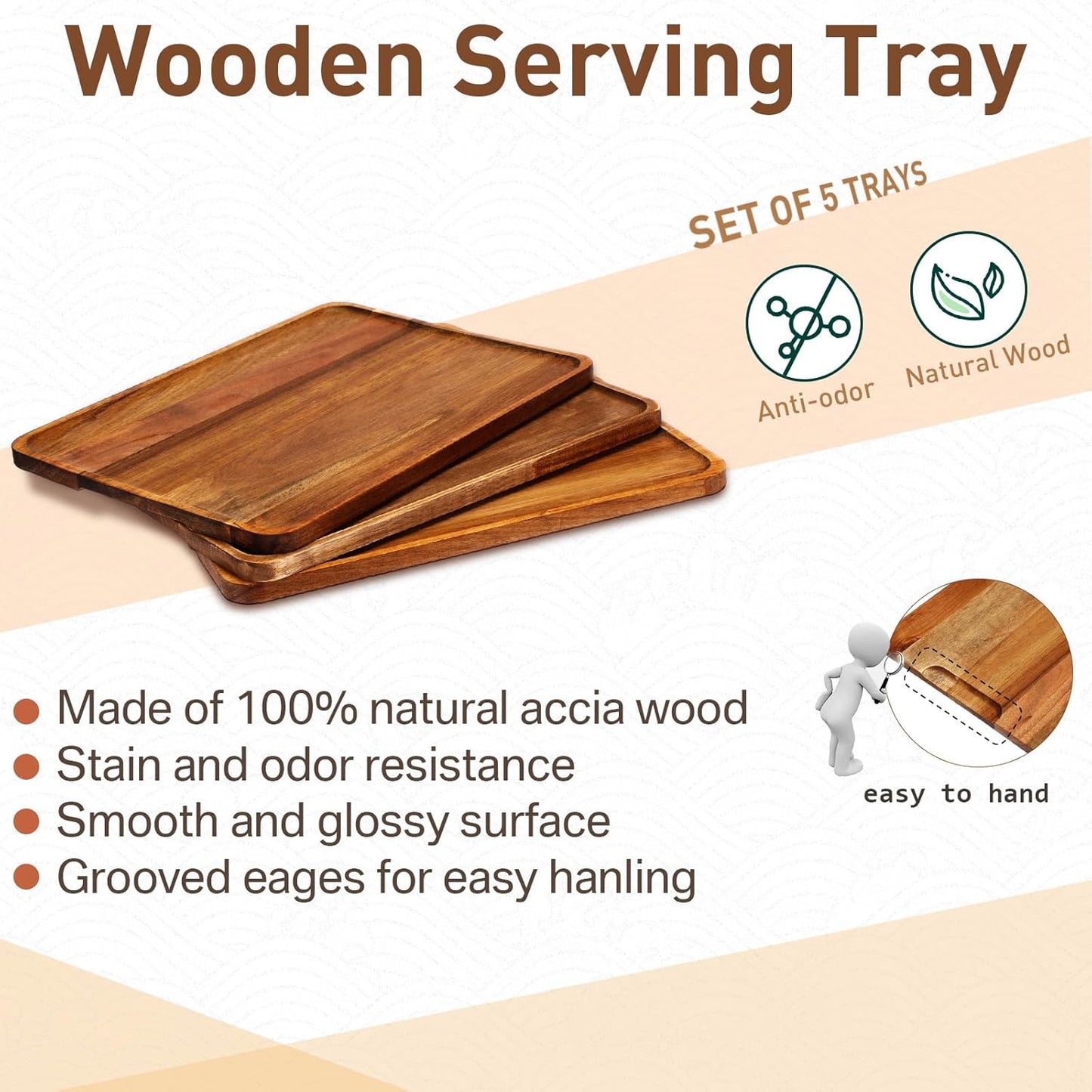 Roowest 5 Pack Solid Acacia Wood Serving Trays for Laser Engraving Rectangular Wooden Board for Food Appetizer Serving Tray Plates for Vegetables Fruit Cheese Housewarming Gifts(14 x 10 Inch)