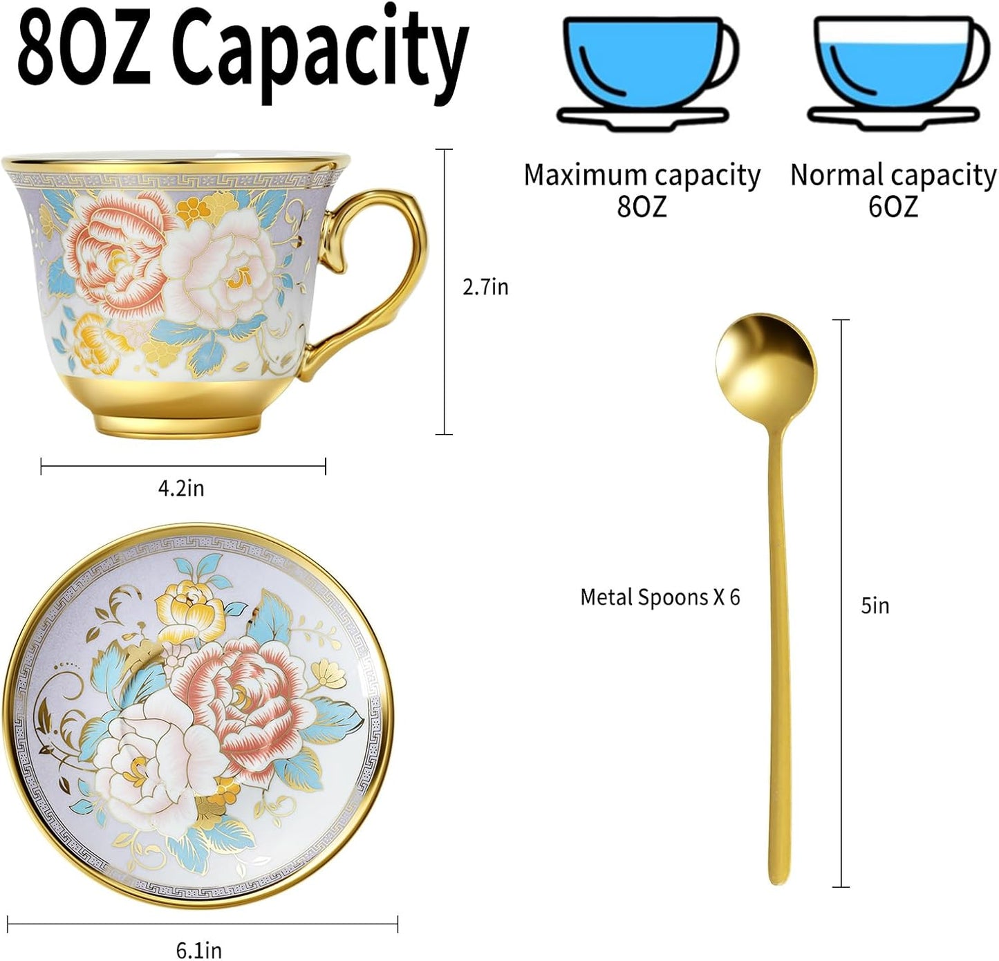 Tea Cups and Saucers Sets of 6, 8 Oz Floral Tea Cups with Spoons Ceramic Cup and Saucer Set for Cappuccino, Espresso, Coffee, Cafe, Latte, Tea for Tea Birthday