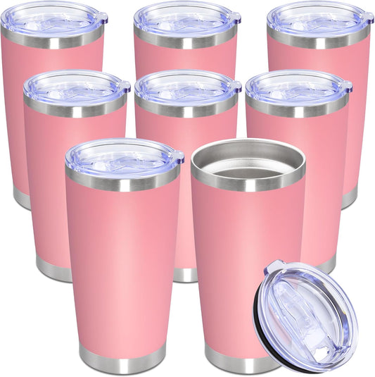 20oz Tumbler Bulk Stainless Steel Tumbler Cup with Lid Vacuum Insulated Double Wall Travel Mug, Durable Powder Coated Travel Coffee Tumbler Mug for Hot & Cold Drinks, Pink,8 Pack