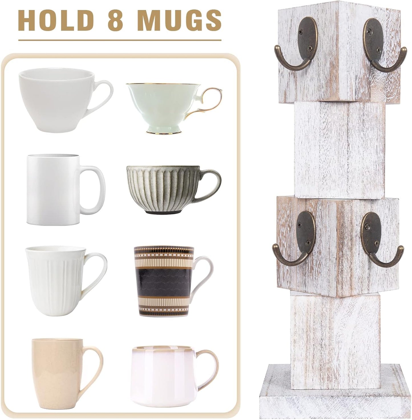 Coffee Mug Holder Tree, Rustic Solid Wood Mug Tree Stand with 8 Hooks, Farmhouse Coffee Cup Holder for Counter, Mug Hanger for Kitchen Organizer, Farmhouse White
