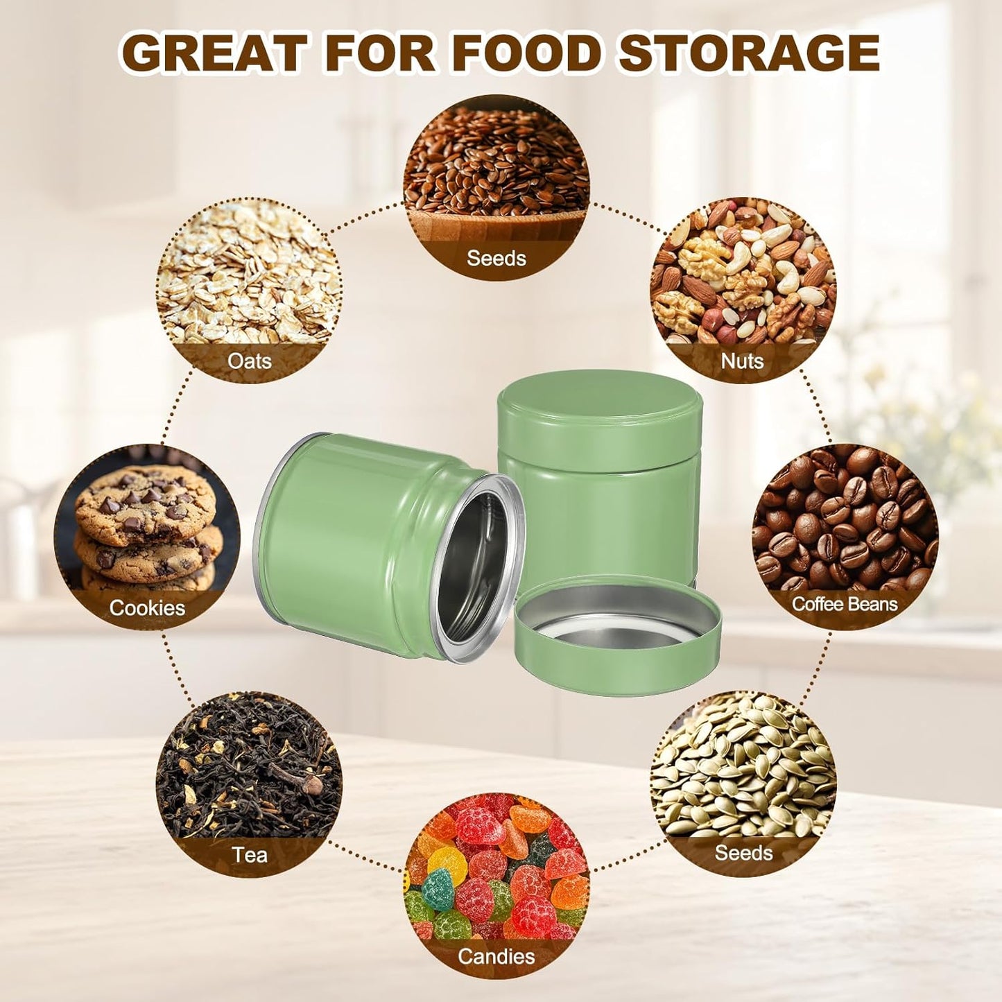 uxcell 2Pcs Round Tea Canisters, 3" x 3" Airtight Metal Tea Containers for Loose Tea, Coffee Beans, Spices - Durable, Compact, and Stylish Storage Tea Tin (Silver Green)