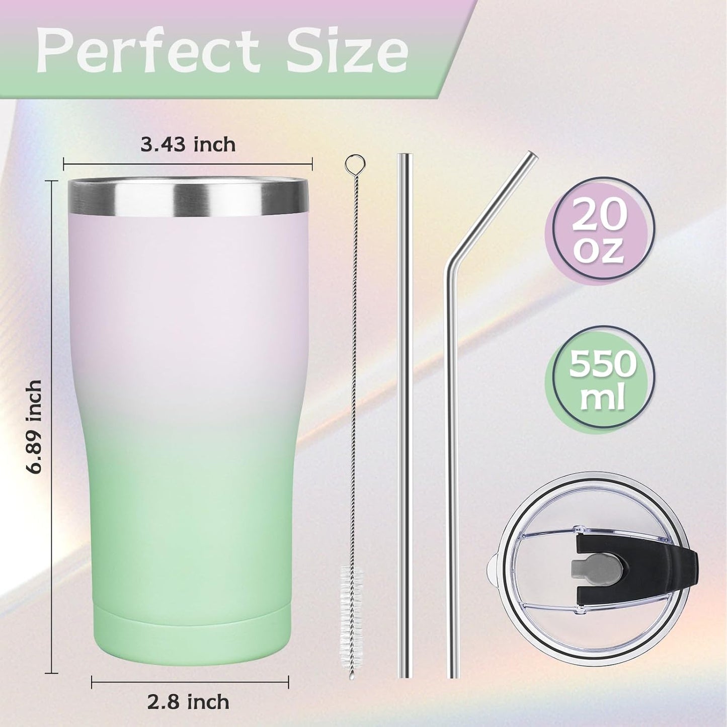 MEZMUT 1 Pack 20oz Insulated Coffee Tumbler with Lids and Straws Double Wall Vacuum Insulated Cup Stainless Steel Travel Mugs Leakproof Powder Coated Tumbler for Indoor Outdoor(Candy Color)