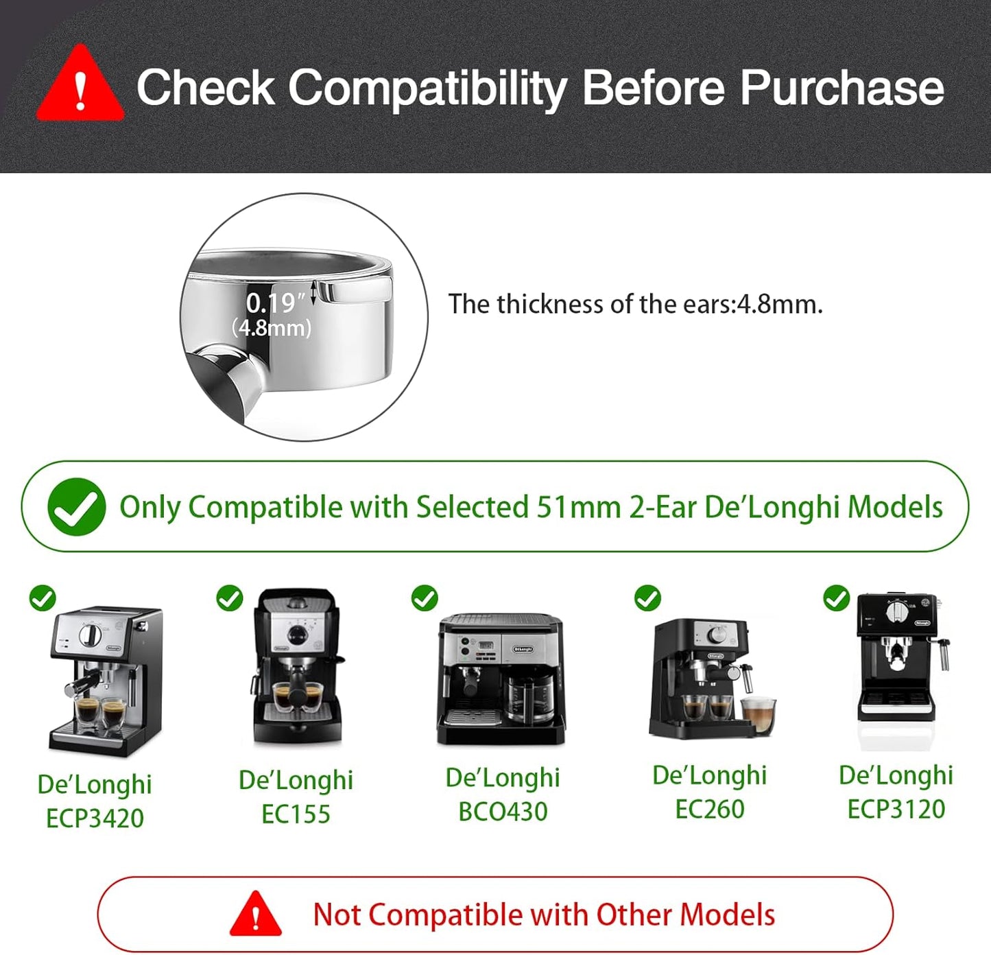51mm Bottomless Portafilter & Puck Screen, 2 Ears Stainless Steel Head, Only Compatible with De'Longhi ECP3420, EC155, BCO430, EC260, and ECP3120, Includes 304 Stainless Steel Filter Basket