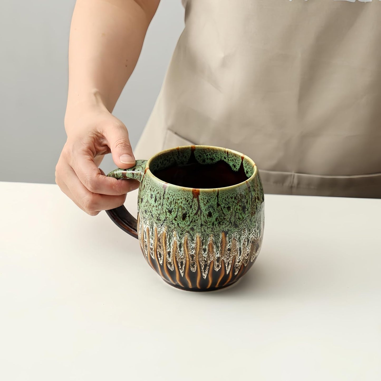 20oz Raku Glaze Coffee Mug - Unique Handcrafted Look Ceramic Cup, Large Tea Mug, Microwave & Dishwasher Safe (green)