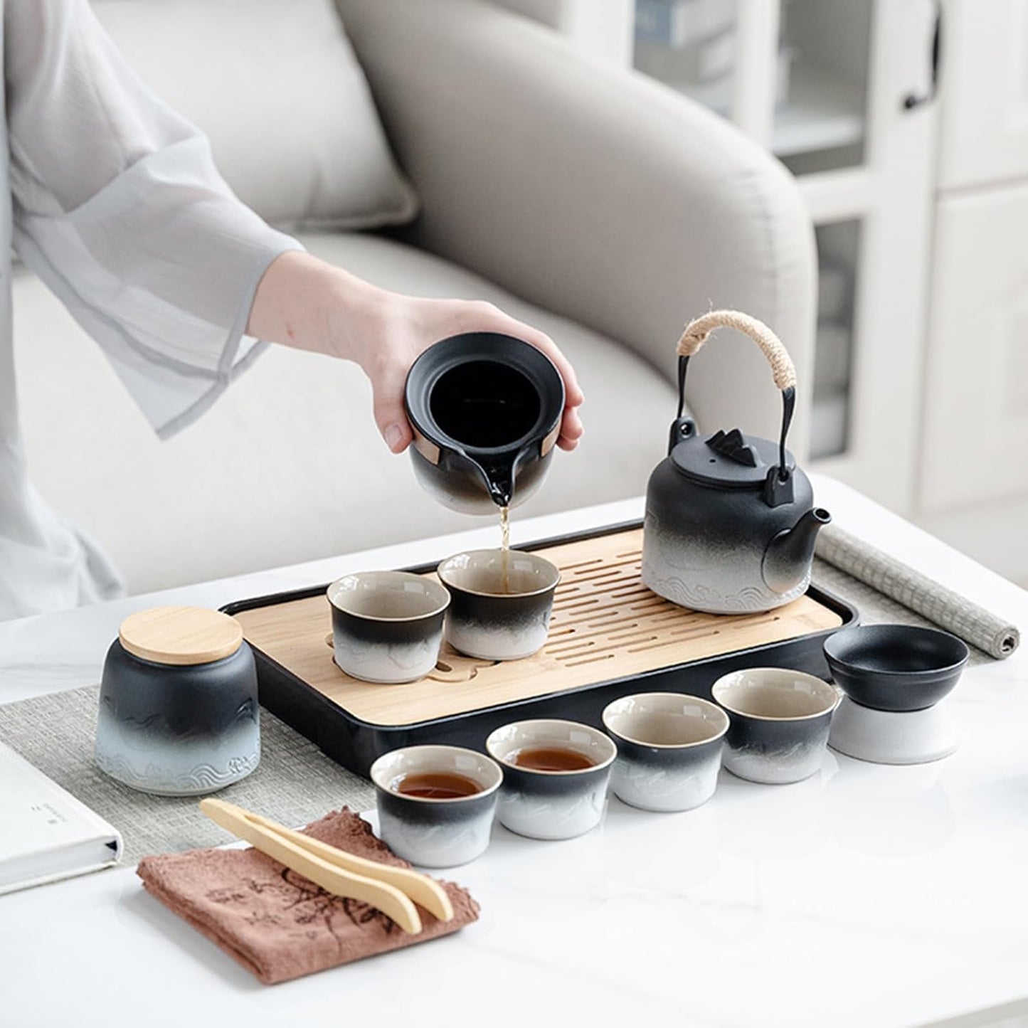 LURRIER Gongfu tea sets, Portable Ceramic TeaSet, Asian Tea sets for adult, Tea Gift sets, Grey leather case, Portable Travel Bag,Home,Gifting,Outdoor and Office(Black and White)