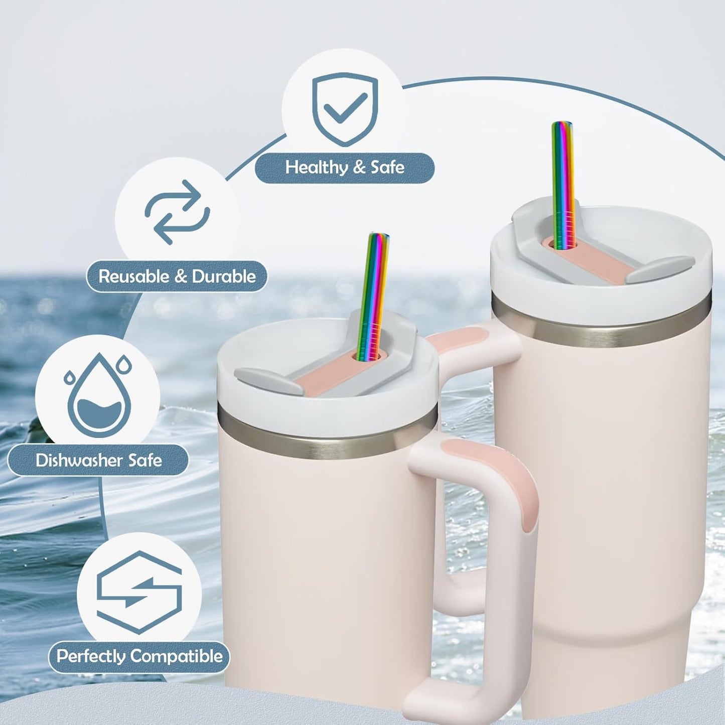 for Stanley Quencher 40oz Tumbler 6x Metal Stainless Steel Straws, 12inch Replacement Extra Long/Tall Straws for Stanley Cup 40oz Drinking Reusable Accessories (6x Straight,10mm Colorful)