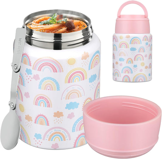 Soup Thermo for Hot Food Kids 16oz Insulated Food Jar Leakproof Thermo Lunch Container for Kids Wide-Mouth Stainless Steel Lunch Box for School with Handle Folding Spoon(3+)