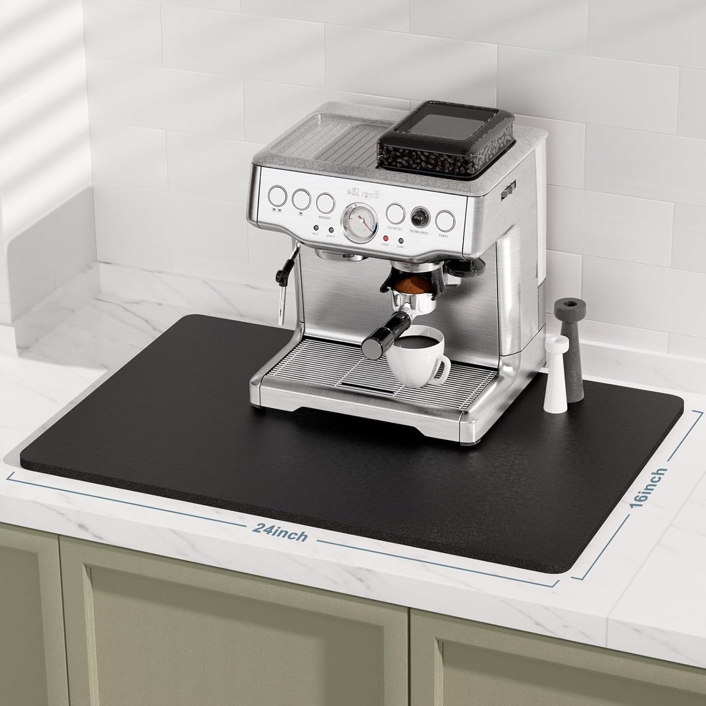 Rnivvi Coffee Mat, 16" x 24" Coffee Bar Mats for Espresso Machine Station Accessories and Organizer, Hide Stain Rubber Backed Absorbent Dish Drying Pad for Kitchen Counter, Cute Bar Decor Pad, Black