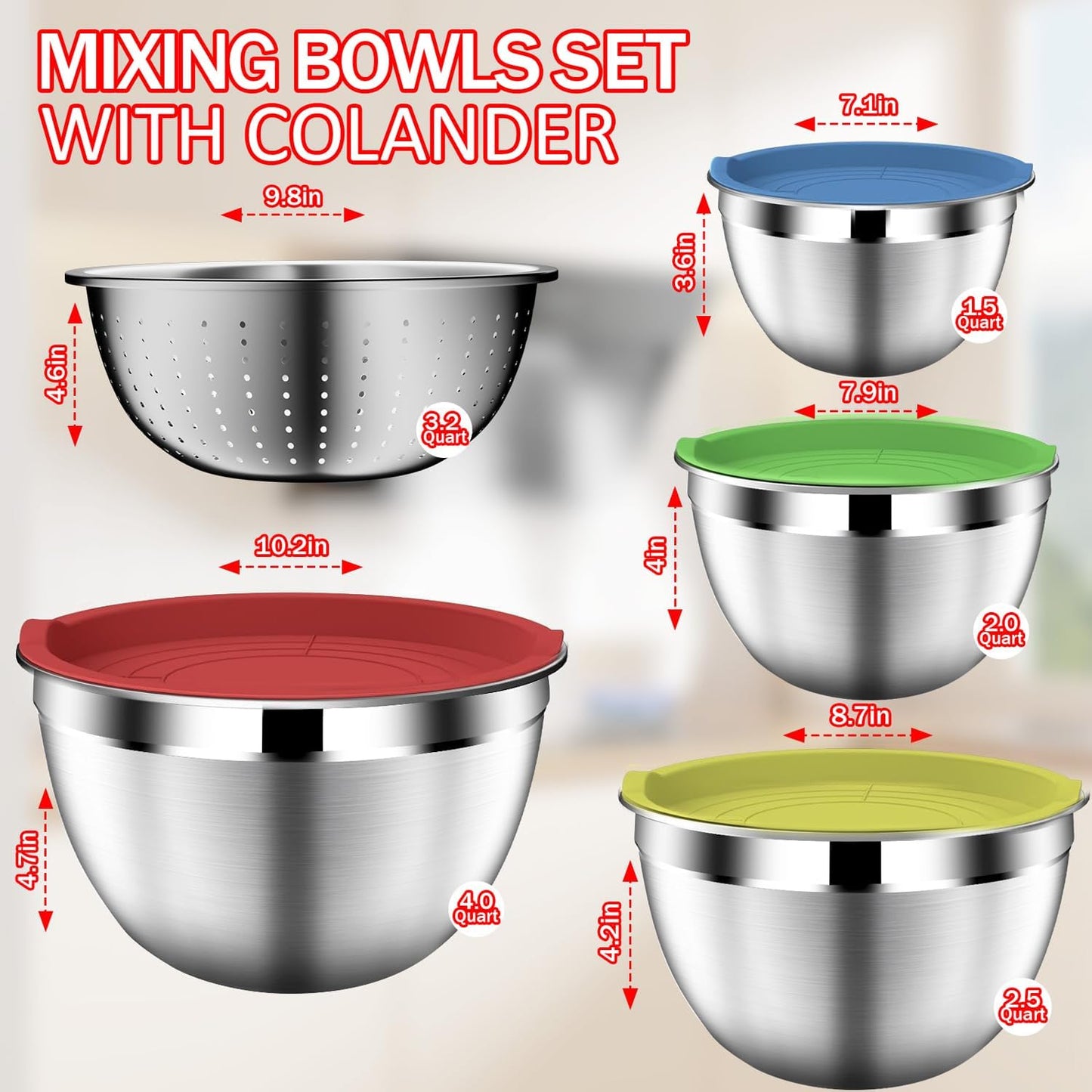 Mixing Bowls with Strainer, Mixing Bowl with Lids Set, Stainless Steel Mixing Bowls, Kitchen Gadgets 2025 Salad Bowls with Strainer for Mixing & Preping & Baking, Multicolor