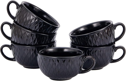Set of 6 Cups Vintage Design 12 oz Professional Barista Ceramic Latte Art Cappuccino Cups Set (Embossed Black * 6)