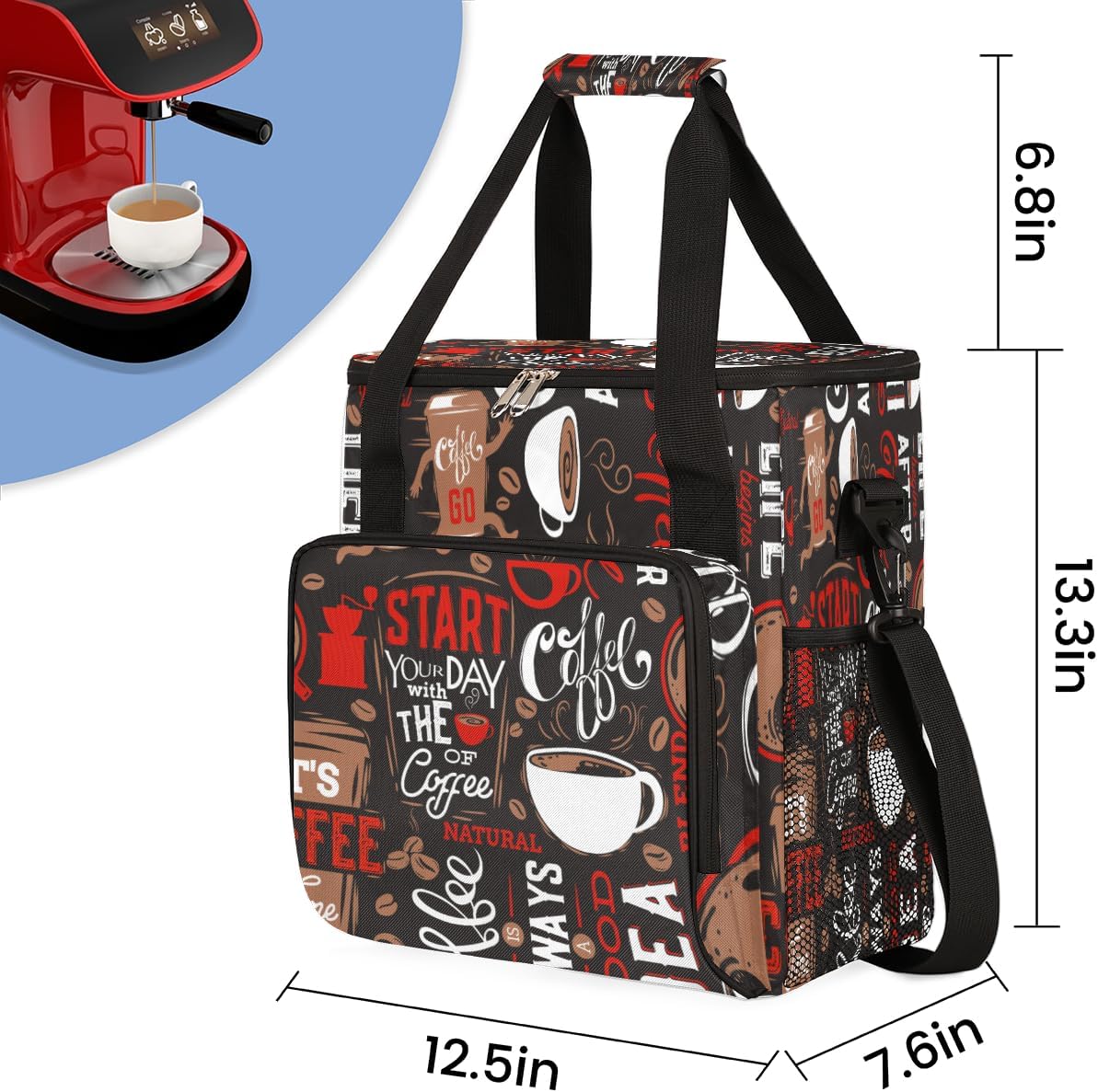 Brown and Red Coffee Cafe Coffee Maker Carring Bag Travel Carrying Storage Tote Bag Compatible with Keurig K-Mini or K-Mini Plus Portable Single Serve Coffee Brewer Case with Pockets for K-cup Pods
