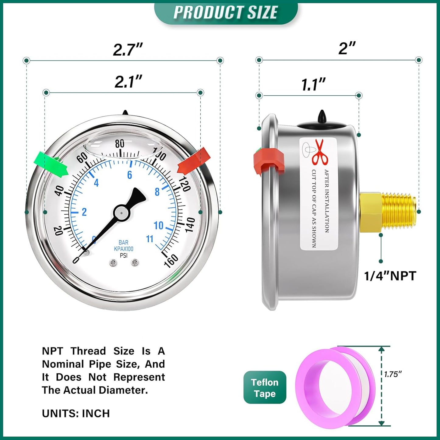 0-160psi Stainless Steel Glycerin Liquid Filled Pressure Gauge 1/4" NPT 2.5" Face Dial Center Back Mount, for Water, Oil and Air Pressure Testing (with Range Mark Pointer)