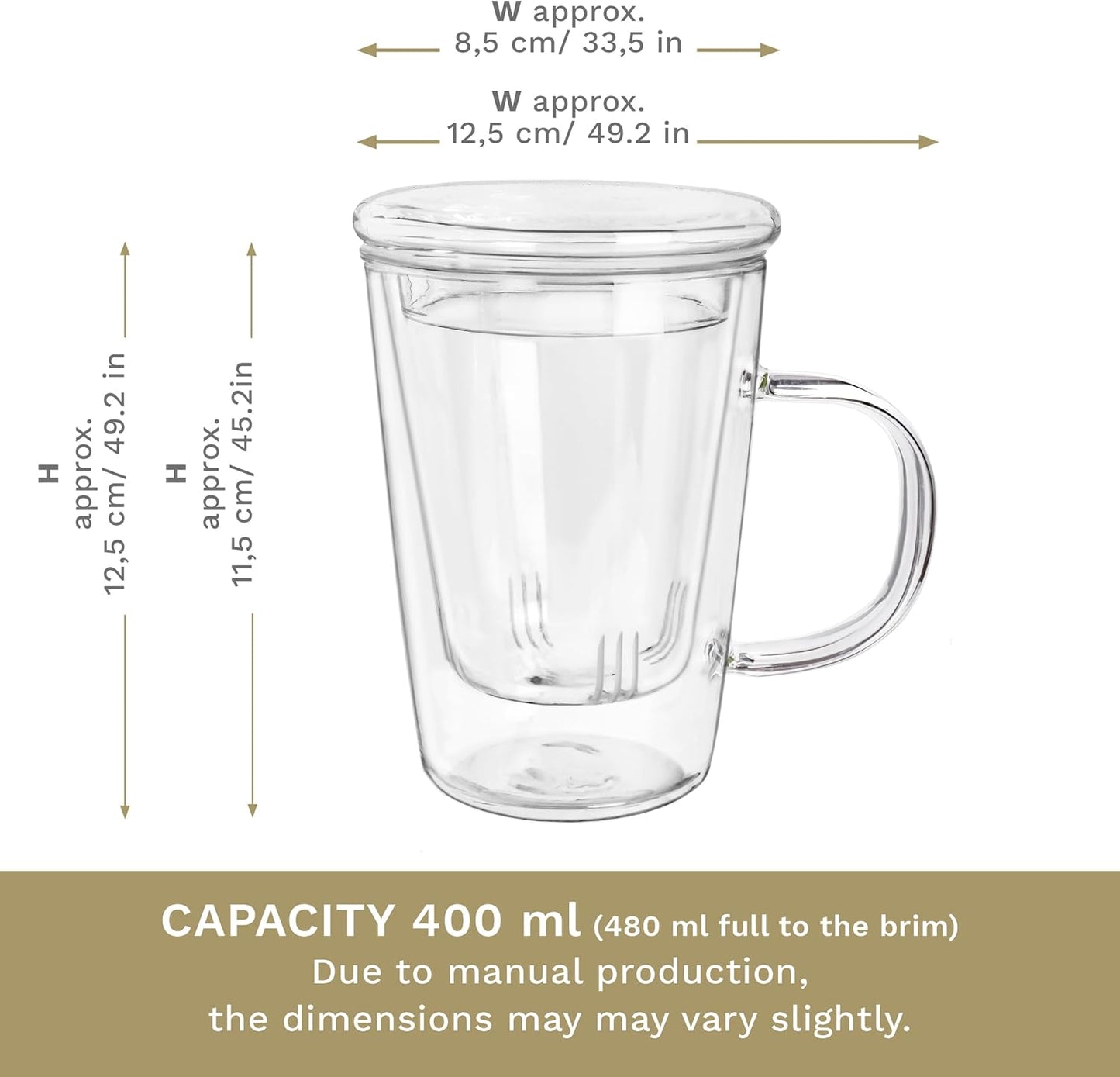 Creano Tea Glass 400 ml – Large Tea Cup with Strainer and Glass Lid – An ideal Tea Maker