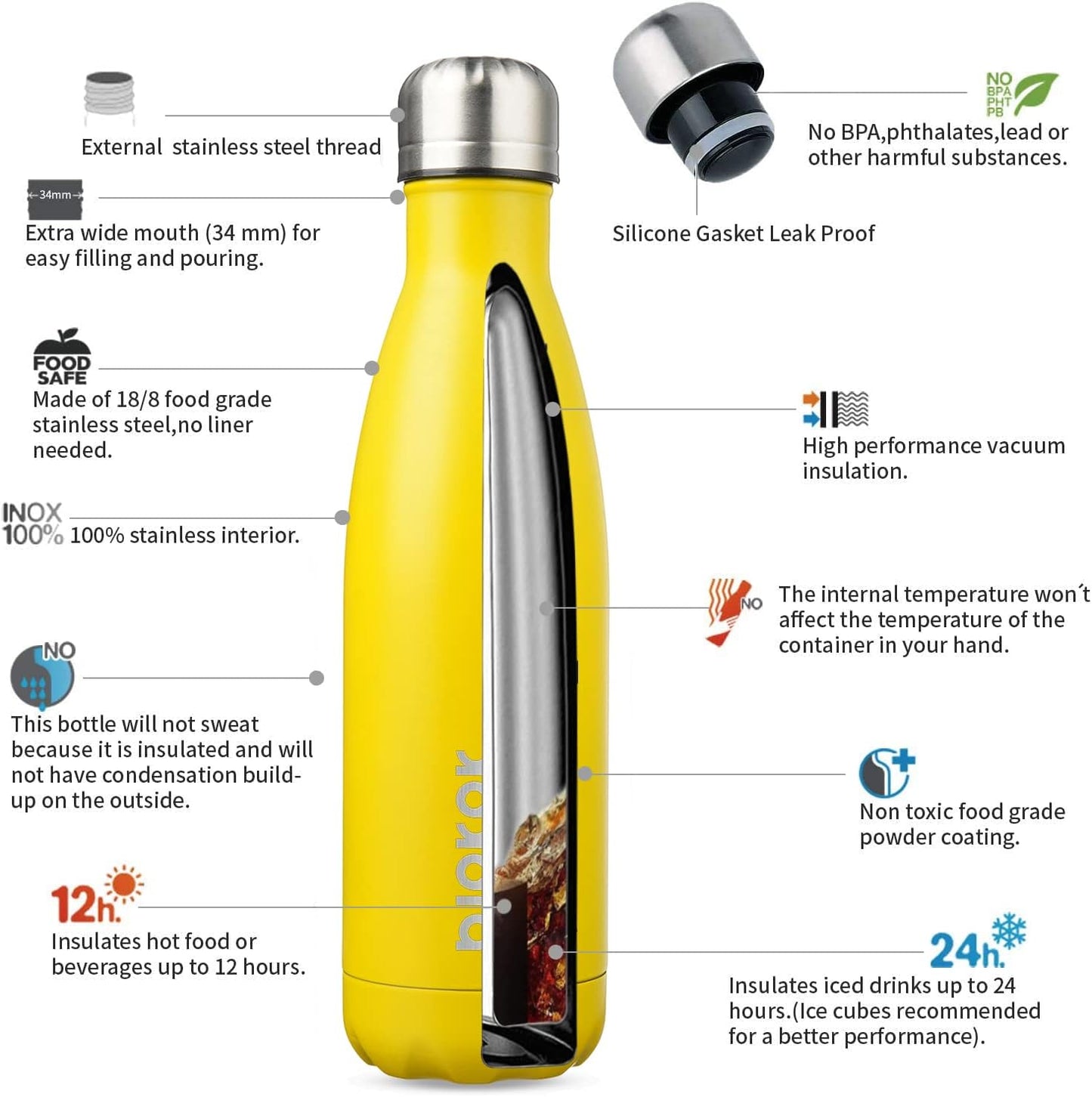 BJPKPK 17oz Insulated Stainless Steel Water Bottles,Sports Water Bottles Keep Cold for 24 Hours and Hot for 12 Hours,BPA Free for Travel,Goldenrod