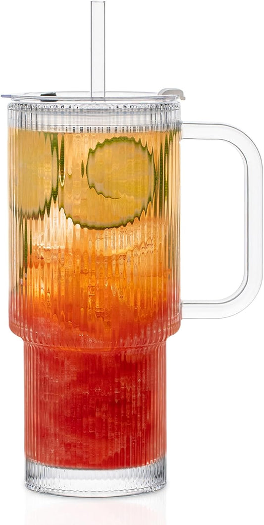 Large 26oz Clear Glass Mug with Handle and Sliding Lid – Aesthetic Ribbed Tumbler for Iced Coffee, Tea, Smoothies & Hot Drinks – Reusable Travel Cup with Straw, Dishwasher Safe (Ribbed Tumbler)