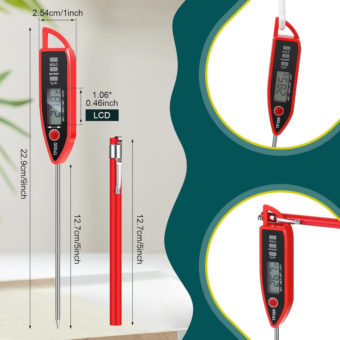 12 Set Waterproof Food Thermometer for Water, Liquid, Candle and Cooking Digital Meat Thermometer with Long Probe Instant Read for Kitchen BBQ Grill Candy (Red)