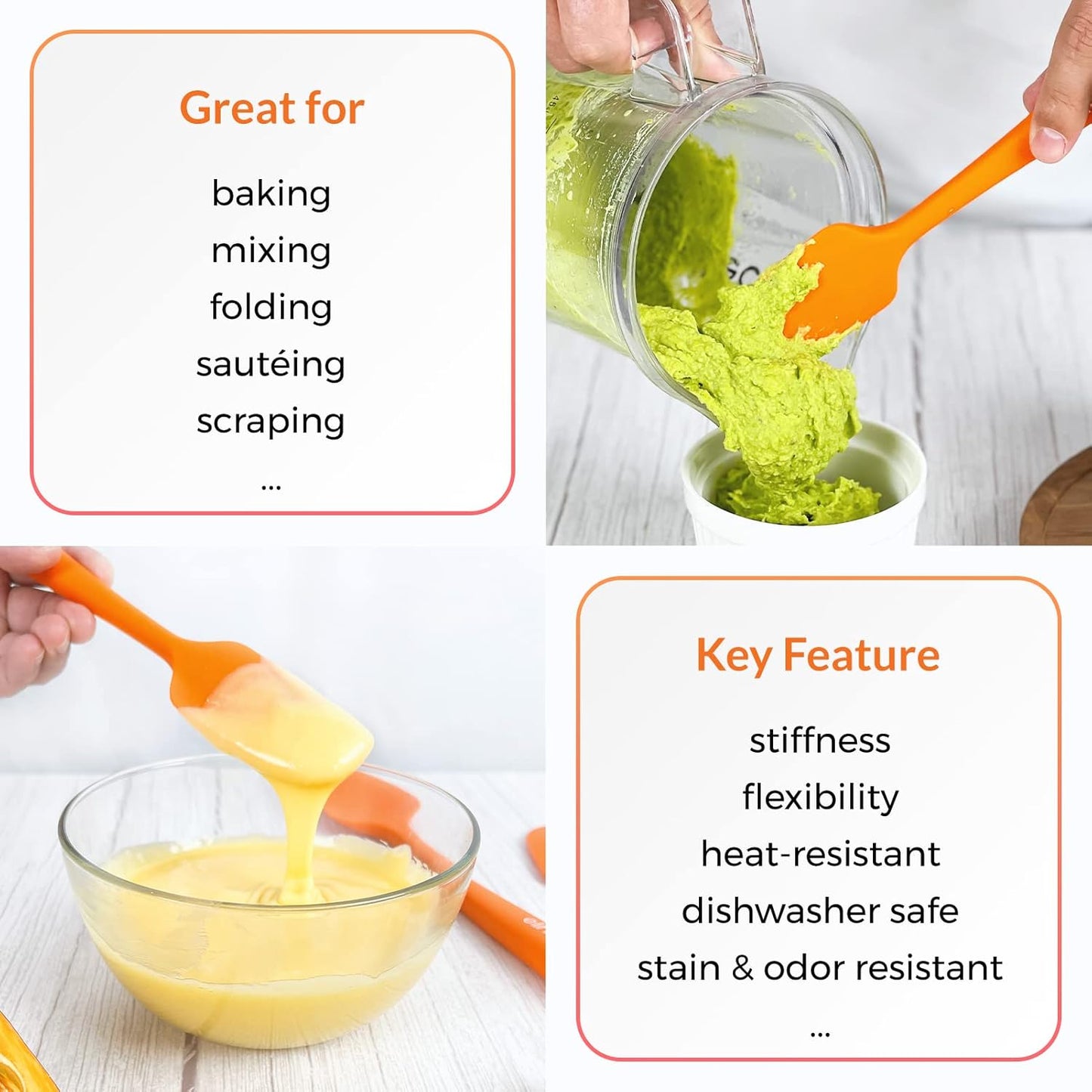 Elihome Chef Series 3 Piece Silicone Spatula Set - 600°F Heat Resistant Non Stick Rubber Kitchen Scraper Spatulas for Cooking, Baking, and Mixing – BPA Free and LFGB Certified Silicone (Orange)