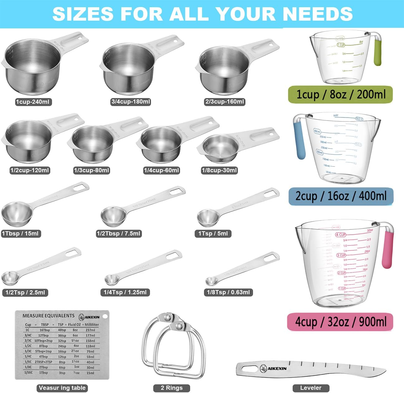 20-Piece Measuring Cups and Spoons Set, Nesting Stainless Steel Measuring Cups Spoons with Plastic Measuring Cup for Dry and Liquid Ingredients, Kitchen Cooking & Baking Gadgets