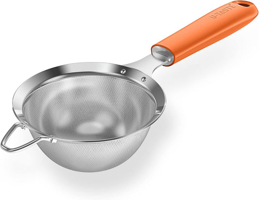 18/8 Stainless Steel Mesh Strainer: U-Taste 3.9 Inch Kitchen Fine Mesh Sieve Food Colander with Riveted Sturdy Silicone Handle and 30 Mesh Hole for Straining Flour, Quinoa, Tea, Juice (Orange)