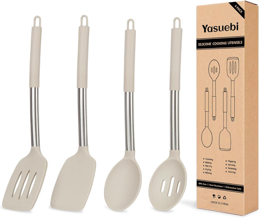 Kitchen Utensils Set of 4 Pack,Silicone Kitchen Utensils Set for Nonstick Cookware,Perfect for Baking and Mixing,Spatula Set BPA Free,Dishwasher Safe,Khaki
