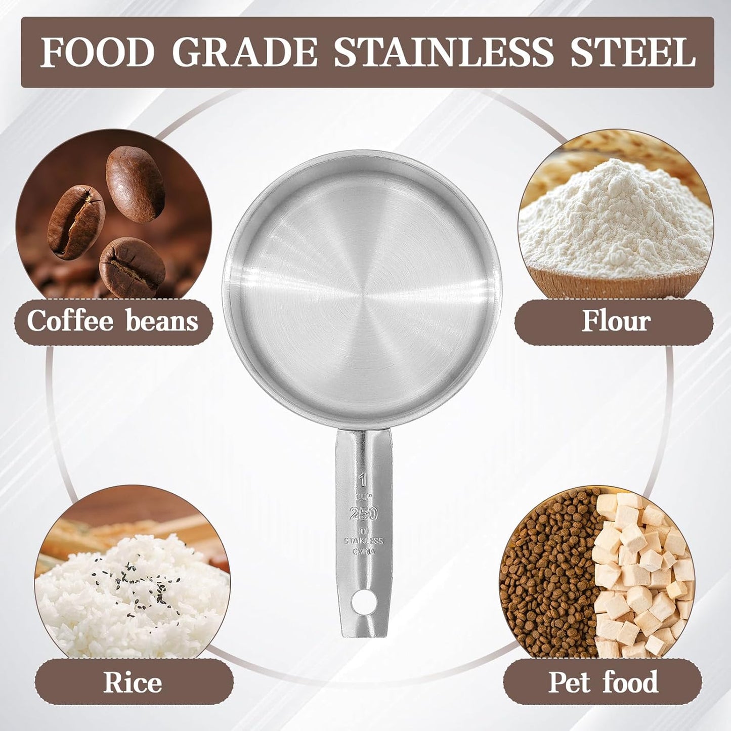 Stainless Steel Measuring Cup, Metal Measuring Cup, Small Measuring Scoops Coffee Scoop with Comfortable Hand for Kitchen Cooking Baking (4, 1 Cup)
