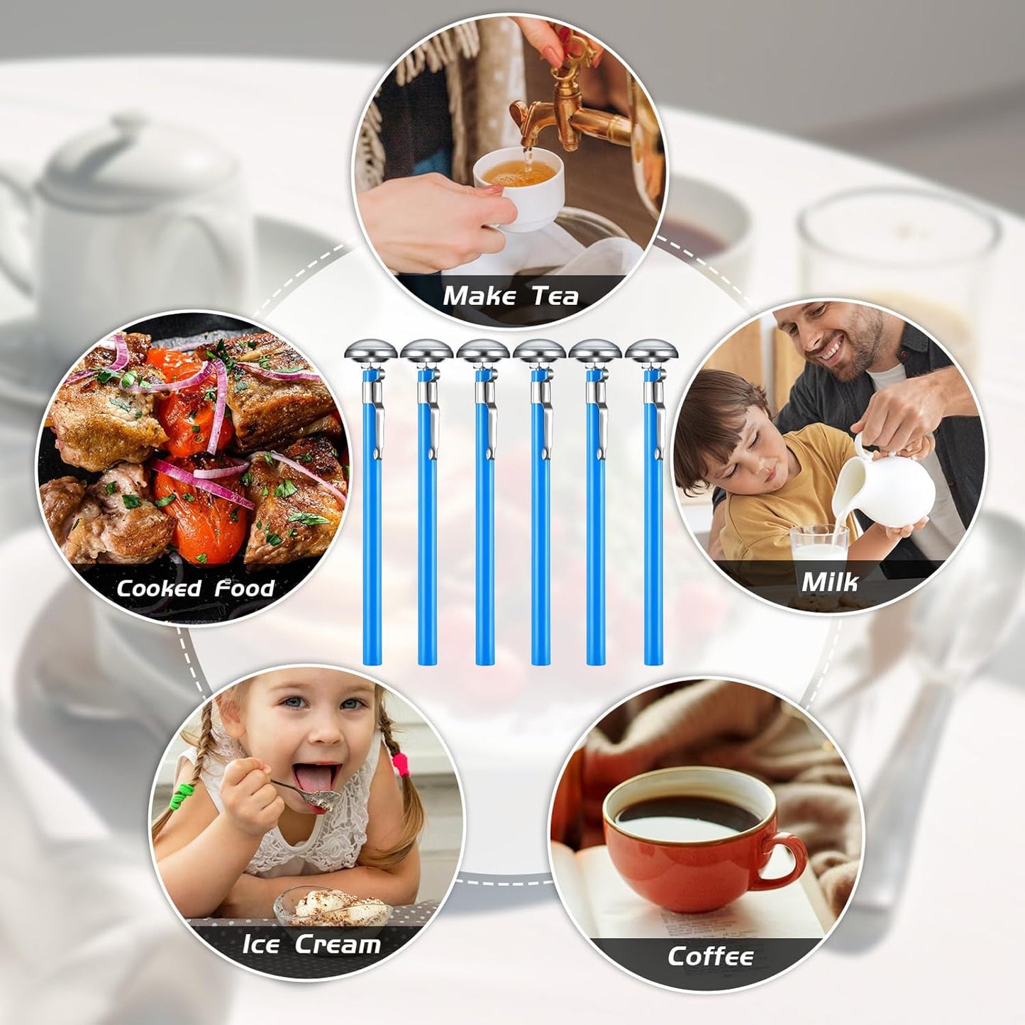 Xuhal 6 Pcs Stainless Steel Kitchen Thermometers with 5 Inch Long Stem 1 Inch Dial Milk Frothing Food Thermometer for Oven Probe Meat Grill BBQ Cooking Chocolate Water (Blue)