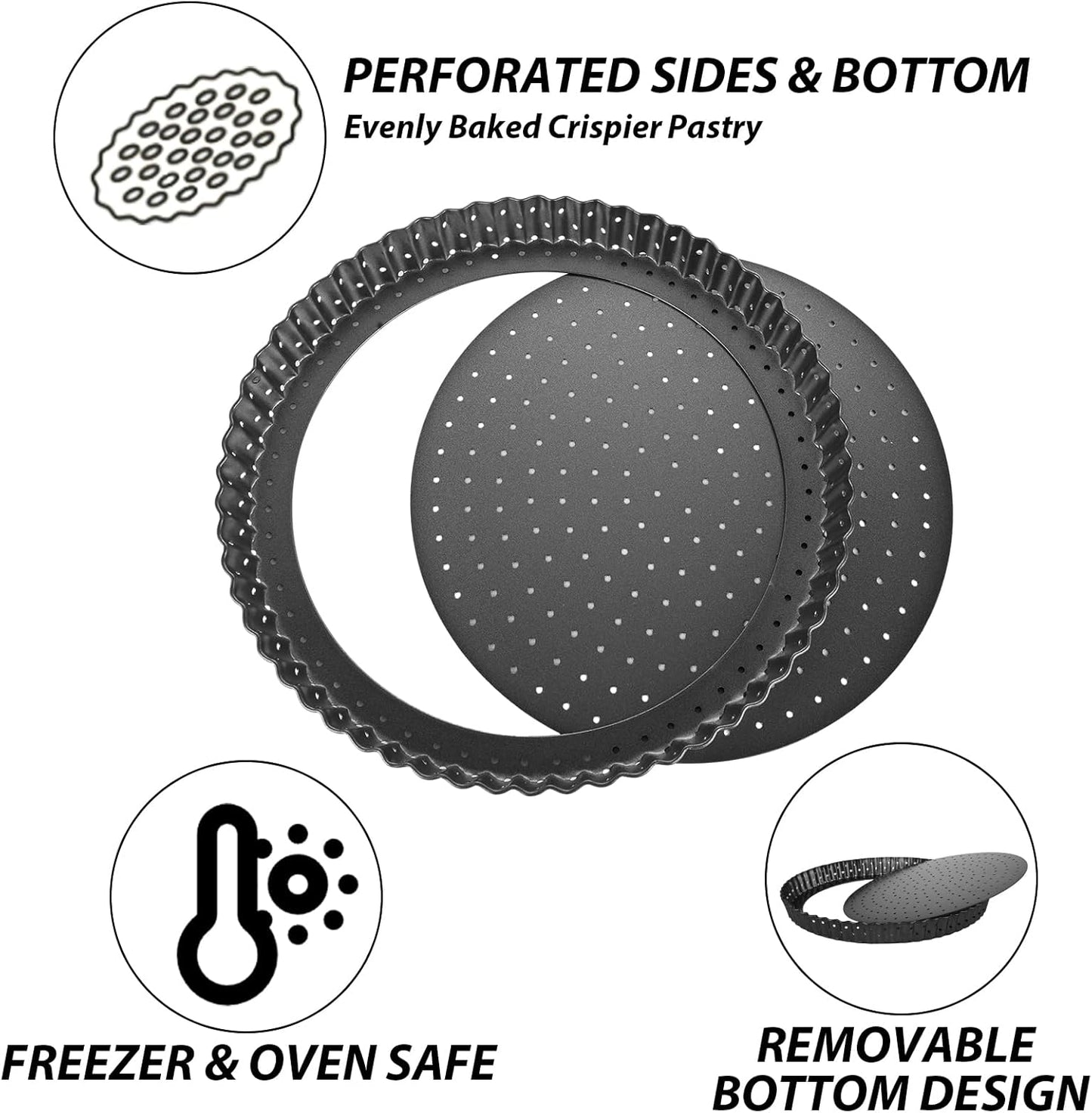 SENENQU 2 PCS 9 Inch Non-Stick Tart Pan, Pie Tart Quiche Pans Removable Bottom Tart Pans Non Stick Pie Pan, Loose Bottom Fluted Tart Pan Round Pot Quiche Pan for Oven Baking