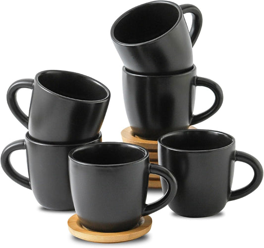 Hasense Porcelain Cappuccino Cups and Saucers Set of 6-6 Ounce Demitasse Espresso Mugs with Handle Perfect for Latte, Cafe Mocha, Double Shot and Tea, Black