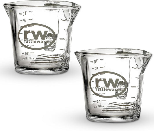 Rattleware Espresso Shot Glass Pitcher – Double Spouted Genuine Barista Measuring Cup with Graduations in Ml & Oz – High-Volume, Commercial-Grade for Swift Espresso Pouring & Precision (3 Oz, 2-Pc)